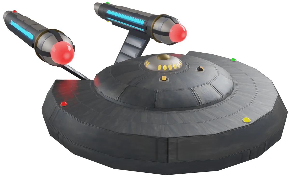 A 3D-rendered spaceship with a saucer section and two nacelles, resembling a Star Trek vessel, has red lights glowing on its…