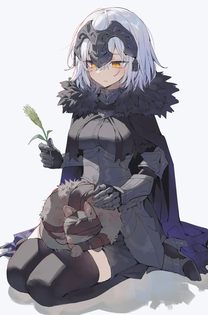 An anime-style female character with silver hair and a dark, ornate mask sits cross-legged, holding a small, sleeping cat in…