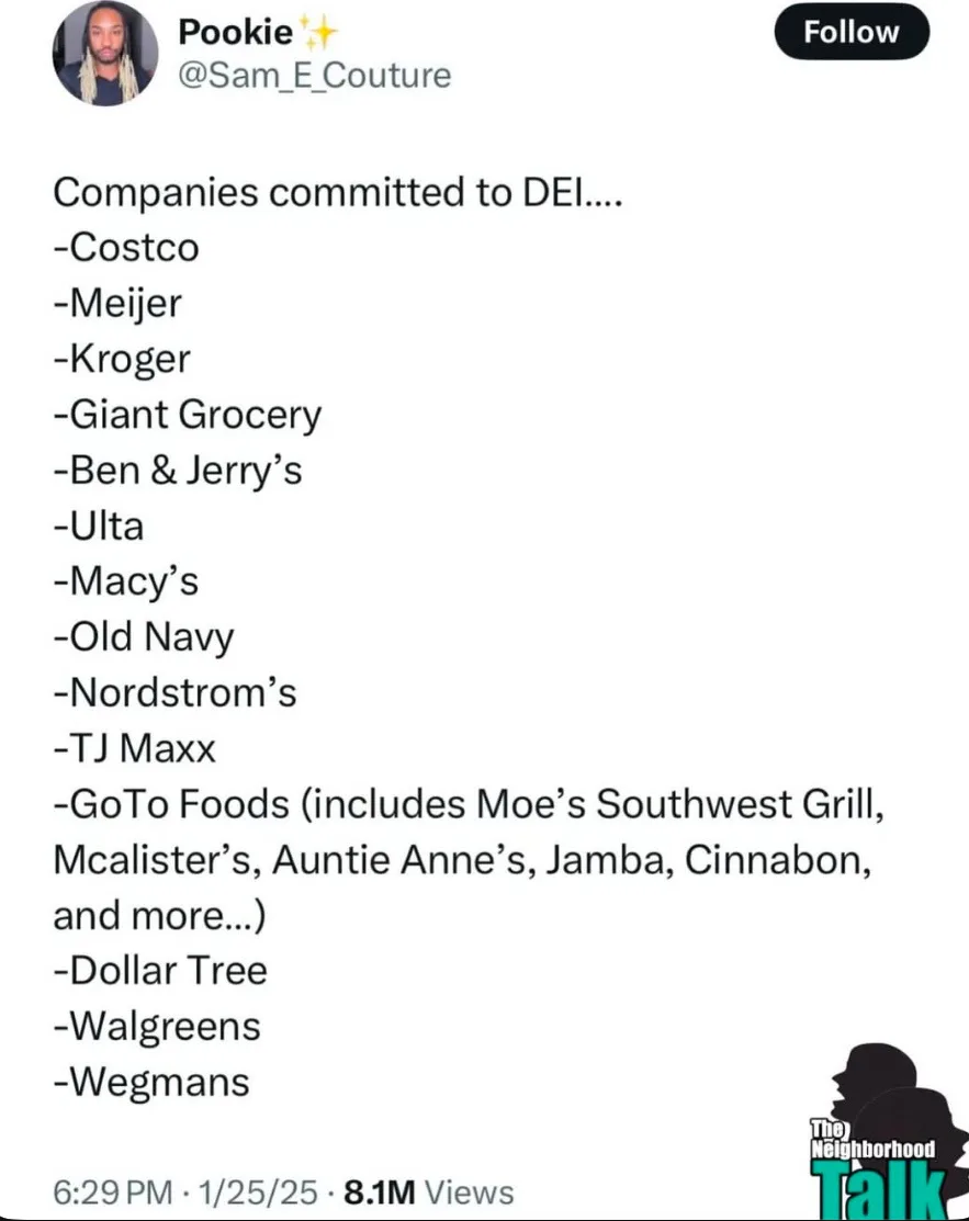 A screenshot of a social media post listing numerous well-known retail and food companies, including Costco, Ben & Jerry's…