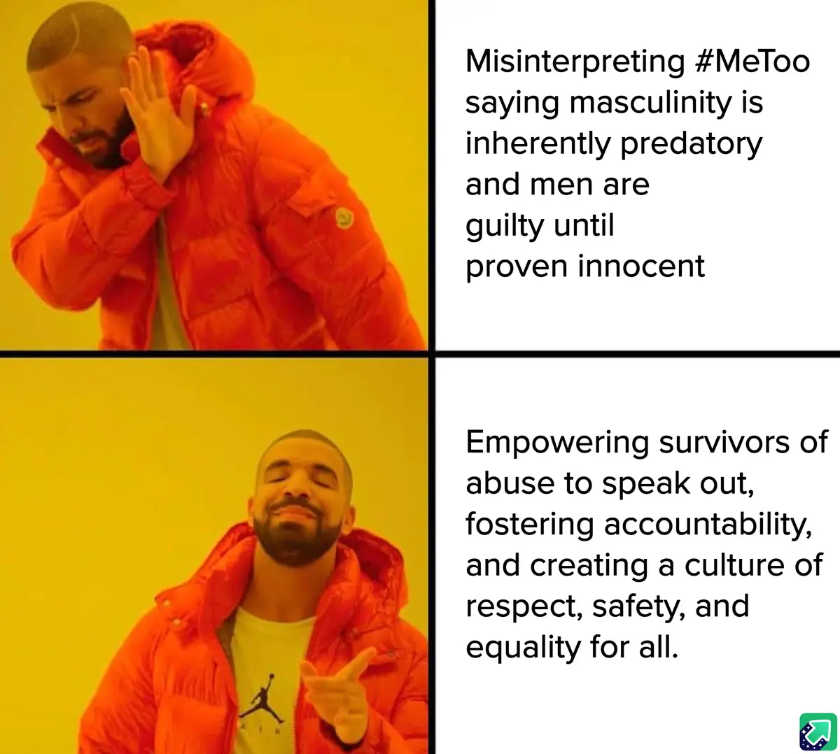 The image shows Drake in two panels: top panel, he covers his ears with a frustrated expression; bottom panel, he smiles and…