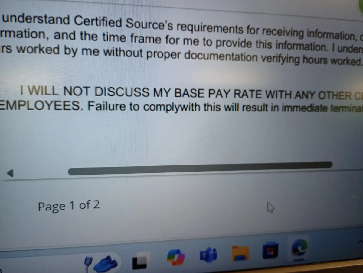 A screenshot of a computer screen displaying a document with a bolded clause stating 'I WILL NOT DISCUSS MY BASE PAY RATE…