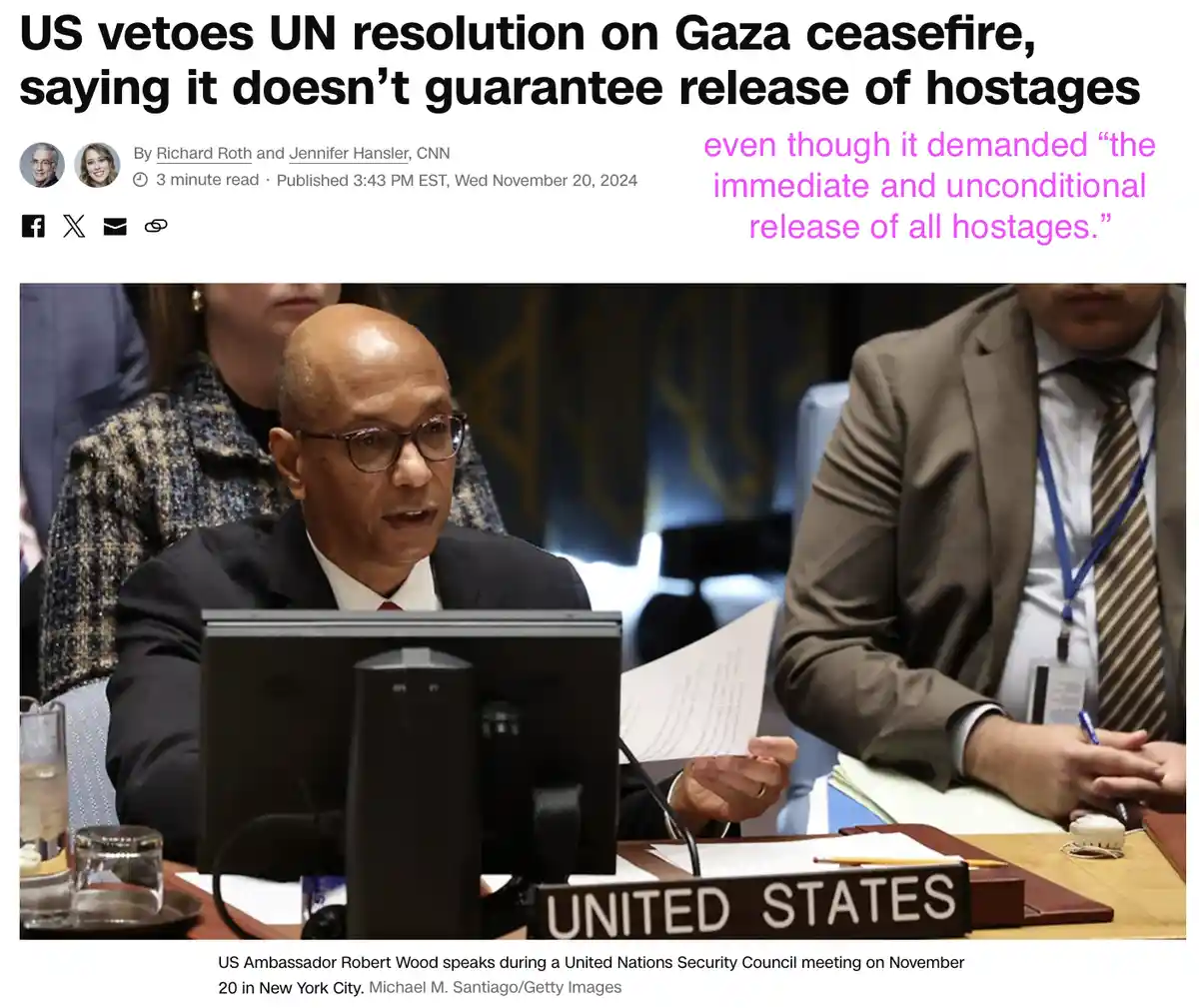 A screenshot of a CNN news article about the US vetoing a UN Gaza ceasefire resolution. The image shows US Ambassador Robert…