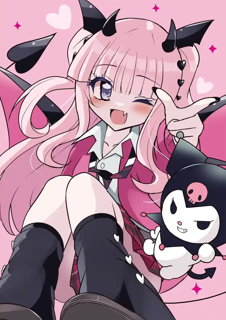 A cheerful anime girl with pink hair, black horns, and a devilish outfit poses with a peace sign while holding a small…