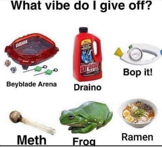 An image displays six items arranged in two rows: a red Beyblade Arena, a red bottle of Drano Max Gel, a white 'Bop It!'…
