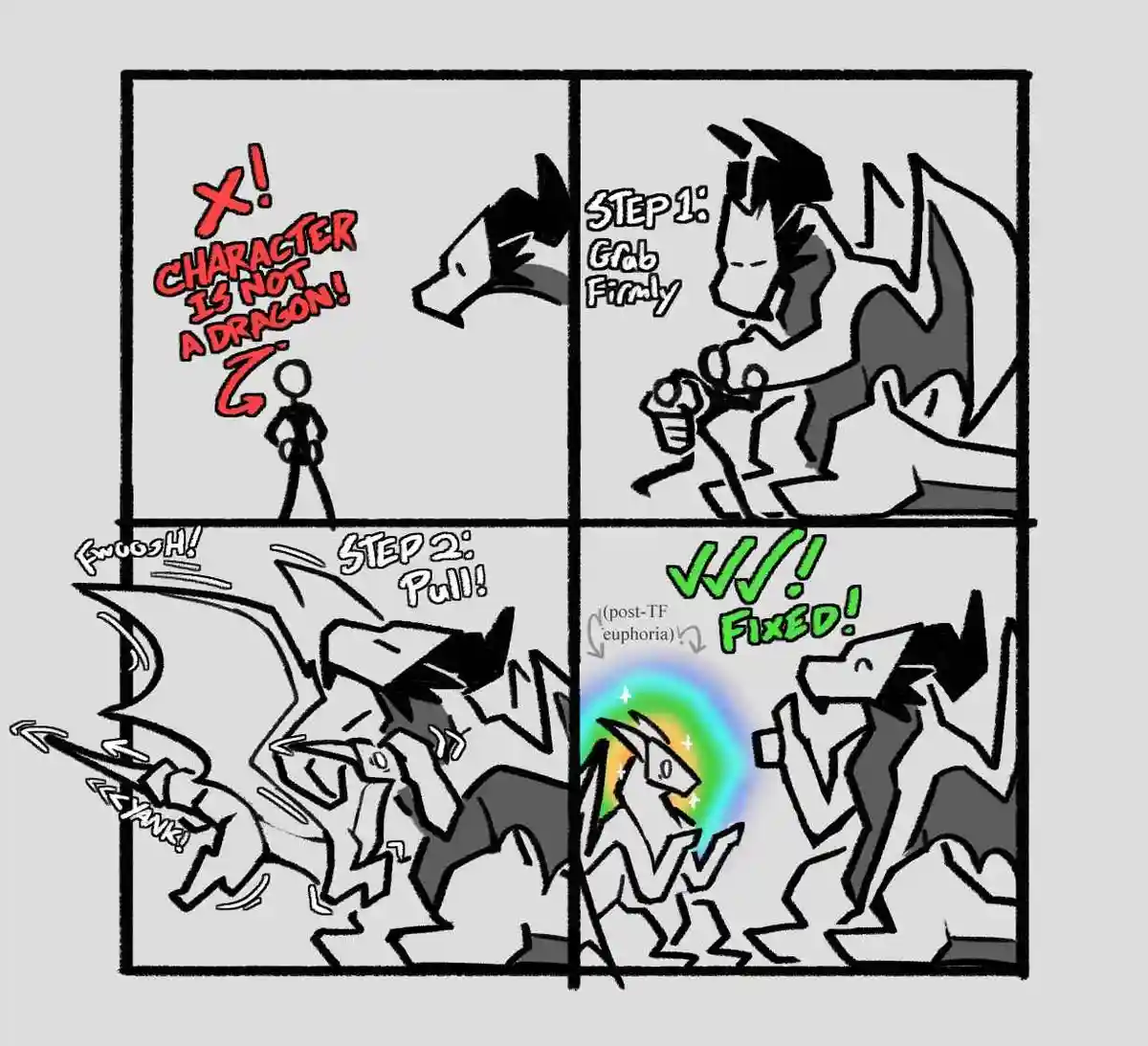 A four-panel comic shows a character being forcibly transformed into a dragon. Panel 1: A wolf-like creature shouts 'X!…