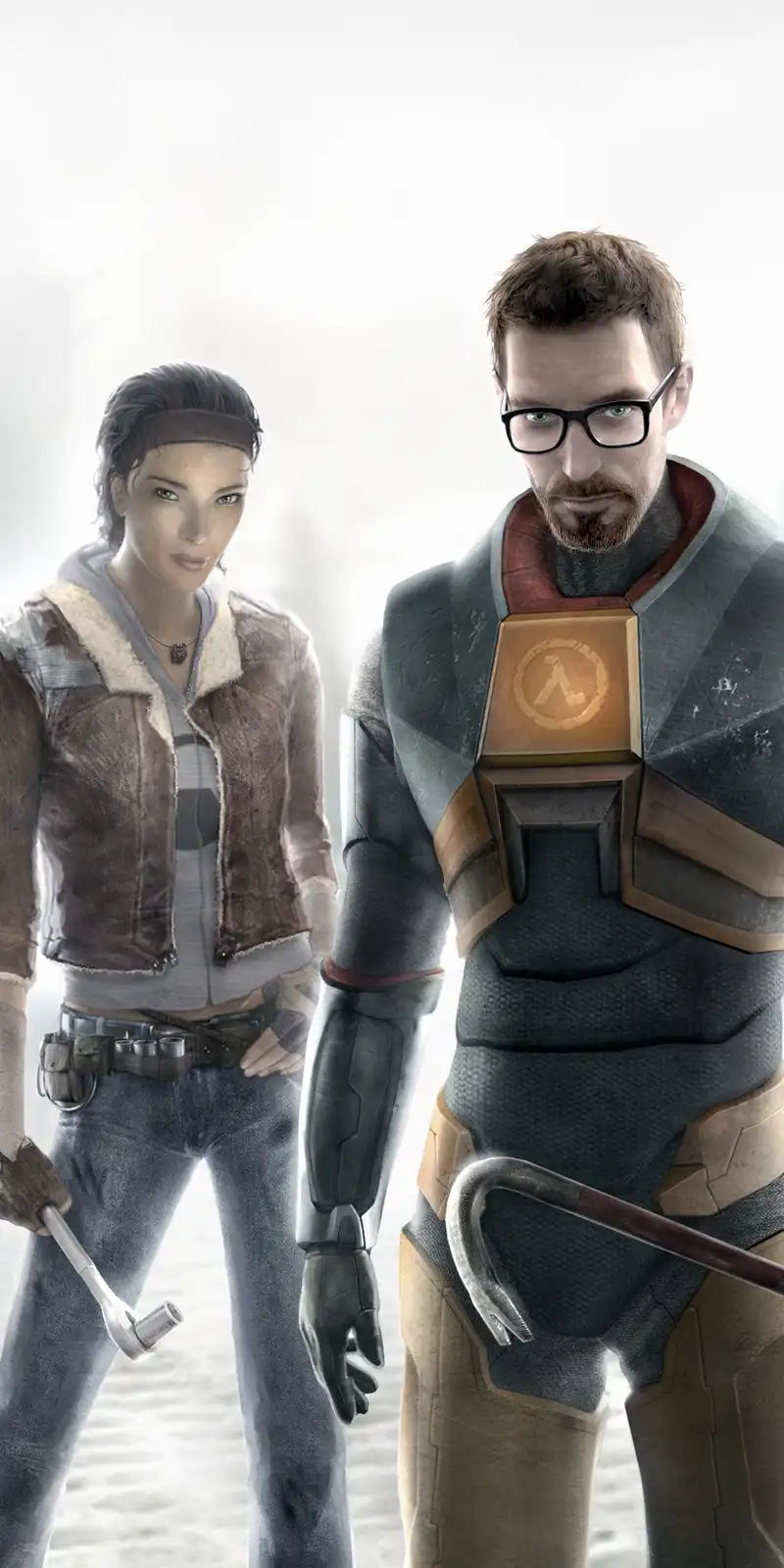 Two video game characters stand side by side against a bright, hazy background. The woman on the left wears a brown jacket…