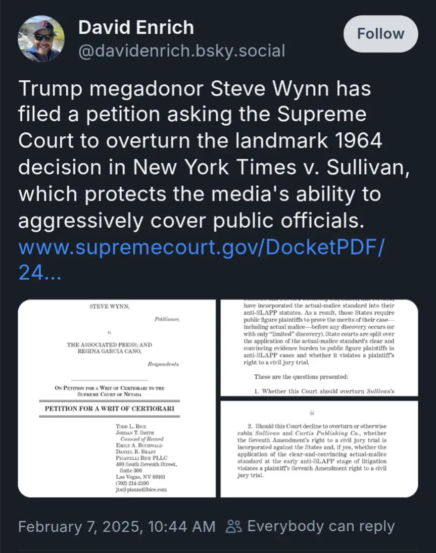 A screenshot of a social media post by David Enrich showing a legal document titled 'PETITION FOR A WRIT OF CERTIORARI'…