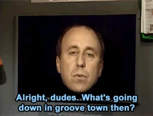 Six panels show a man's face on a screen, repeating the phrase 'Alright, dudes. What's going down in groove town then?' with…