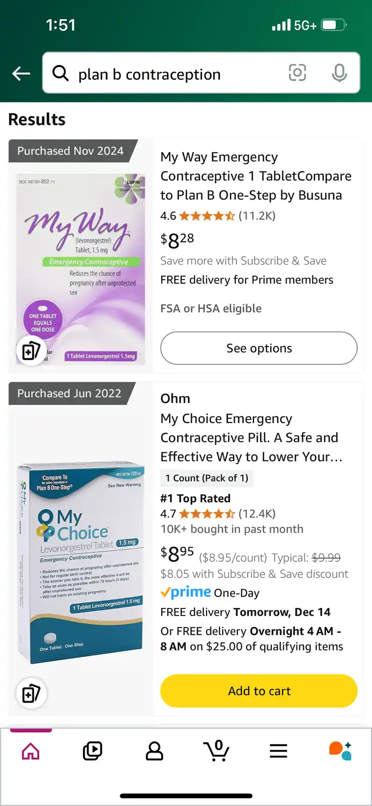 A screenshot of an Amazon search for 'plan b contraception' shows two product listings. The top result, 'My Way Emergency…