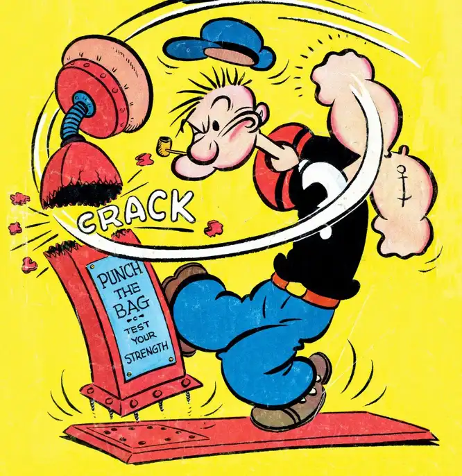 A cartoon illustration of Popeye the Sailor Man delivering a powerful punch to a red punching bag labeled 'PUNCH THE BAG…