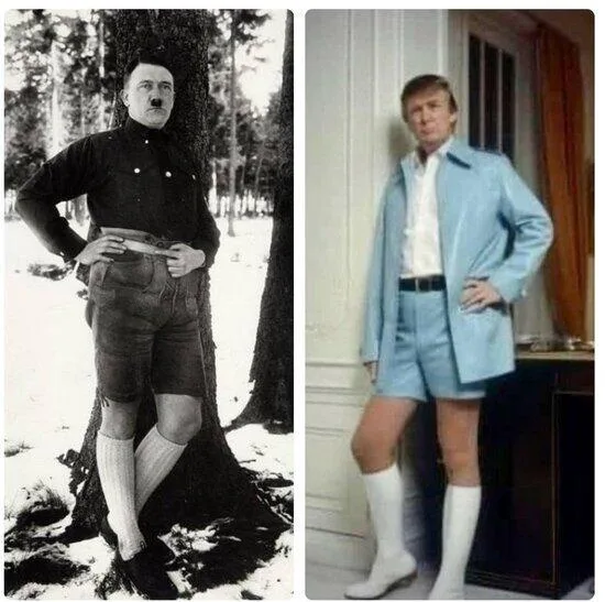 The image displays two side-by-side photos: on the left, a black-and-white photo of Adolf Hitler standing outdoors in snow…
