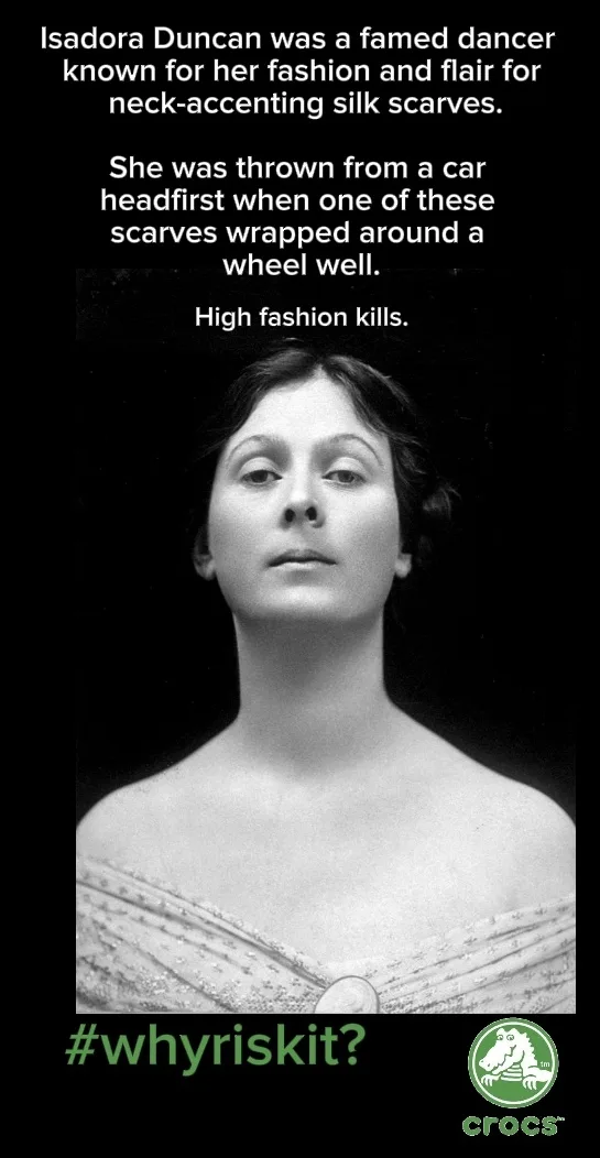 A black-and-white portrait of Isadora Duncan, a famous dancer, wearing a decorative off-the-shoulder top. Overlaid text…