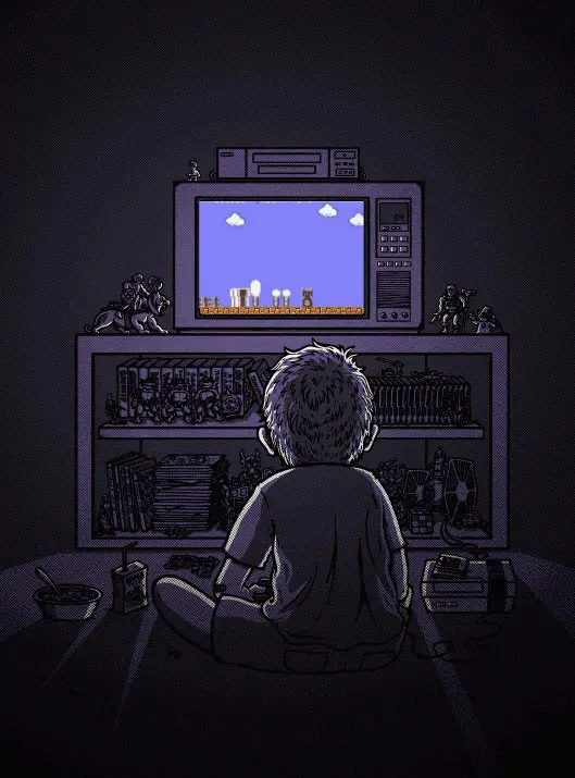 A child sits on the floor in a dark room, facing a vintage TV displaying a pixelated game. The game progresses from a simple…