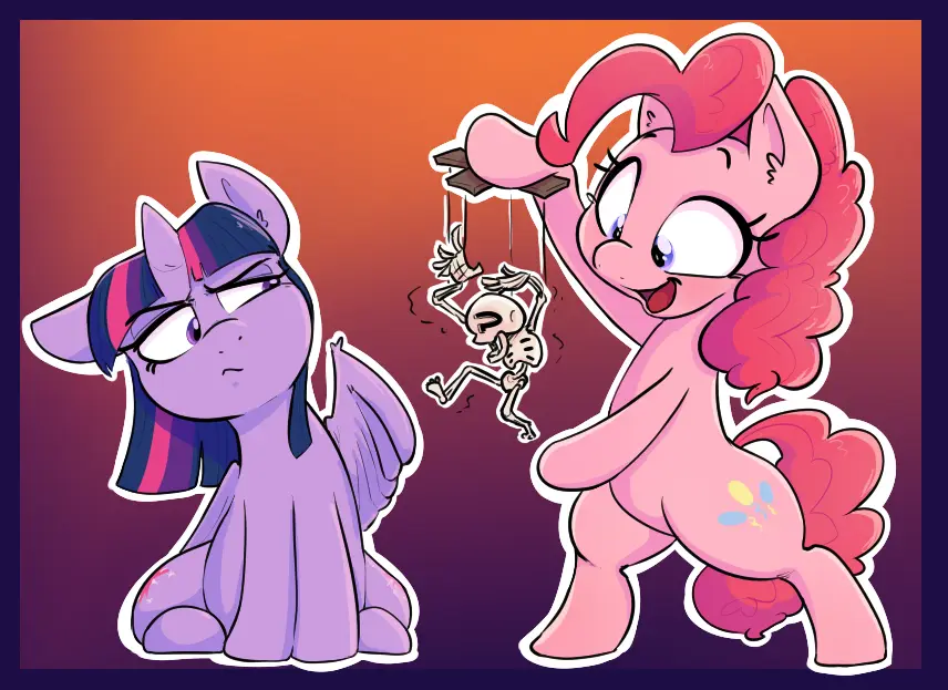 A cartoon image shows two pony characters from My Little Pony: Twilight Sparkle looking unimpressed while Pinkie Pie…