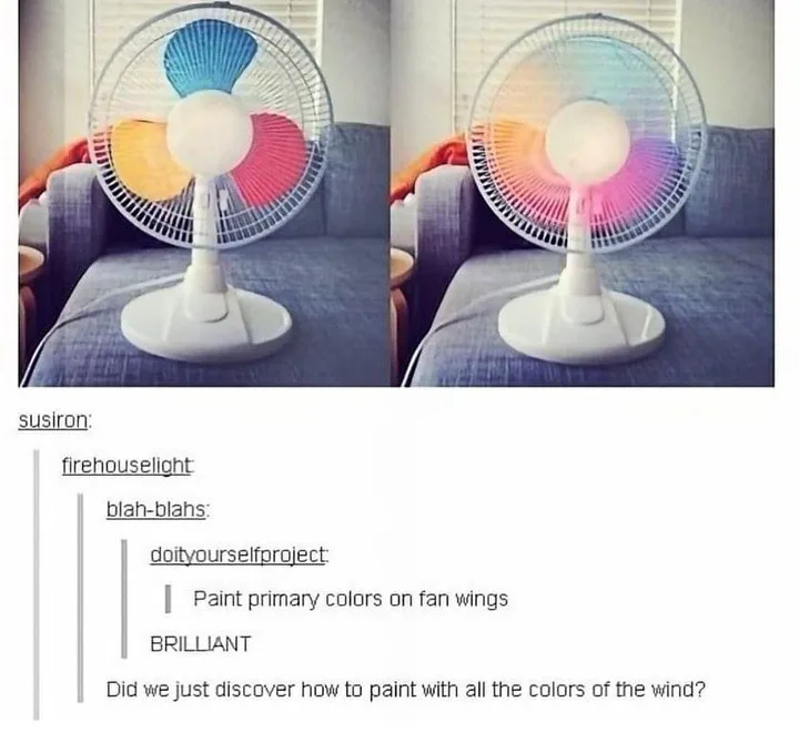 The image shows a split-screen of a white box fan on a couch. On the left, the fan blades are painted with distinct primary…