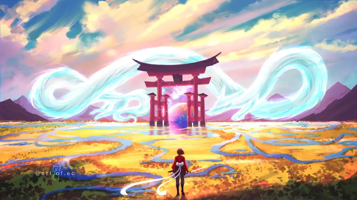 An anime-style illustration shows a lone figure in red standing before a massive red torii gate, flanked by two glowing blue…