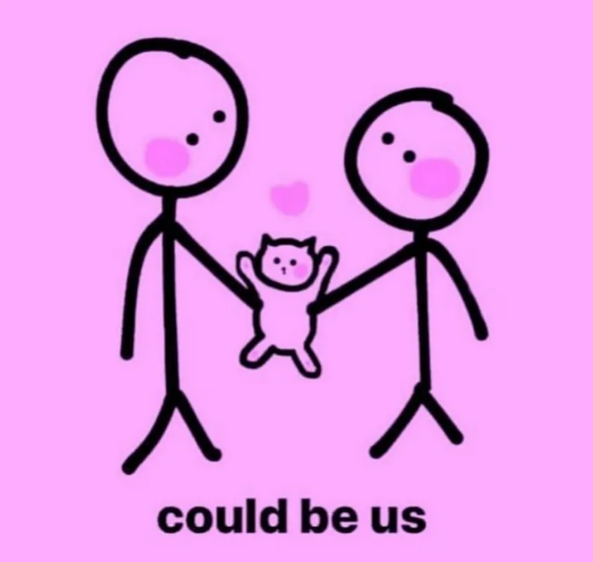 Two stick figures with pink cheeks hold hands around a small cat, with a pink heart above them, against a pink background…