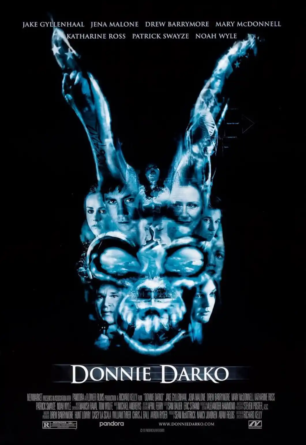The movie poster for 'Donnie Darko' features a glowing blue rabbit head made of superimposed faces of the cast, with arms…