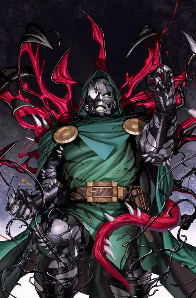 A menacing, armored figure in a green cloak with a skull-like metallic mask and glowing green eyes, surrounded by red and…