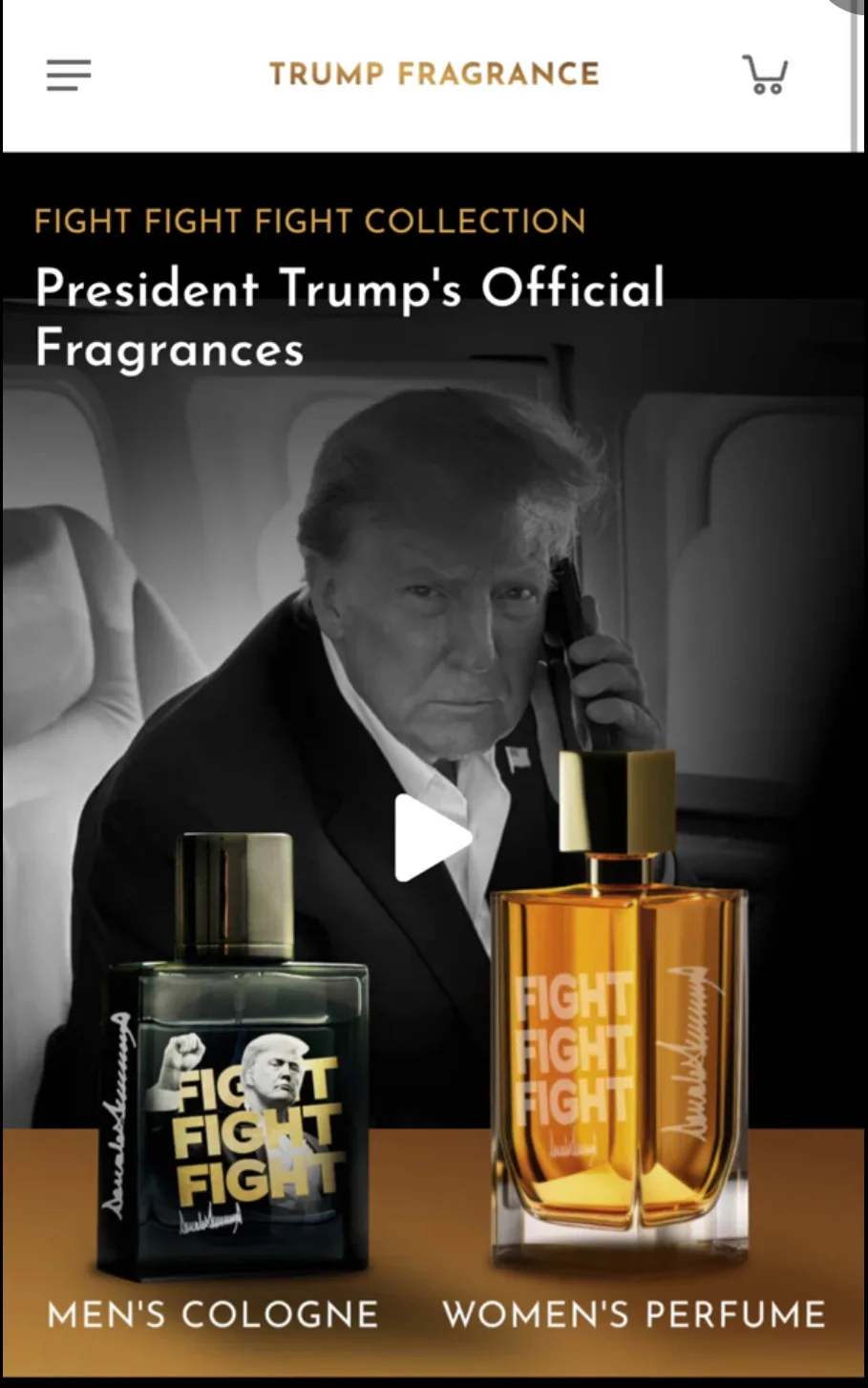 A black-and-white image shows Donald Trump on a phone inside an airplane, with two perfume bottles in the foreground labeled…
