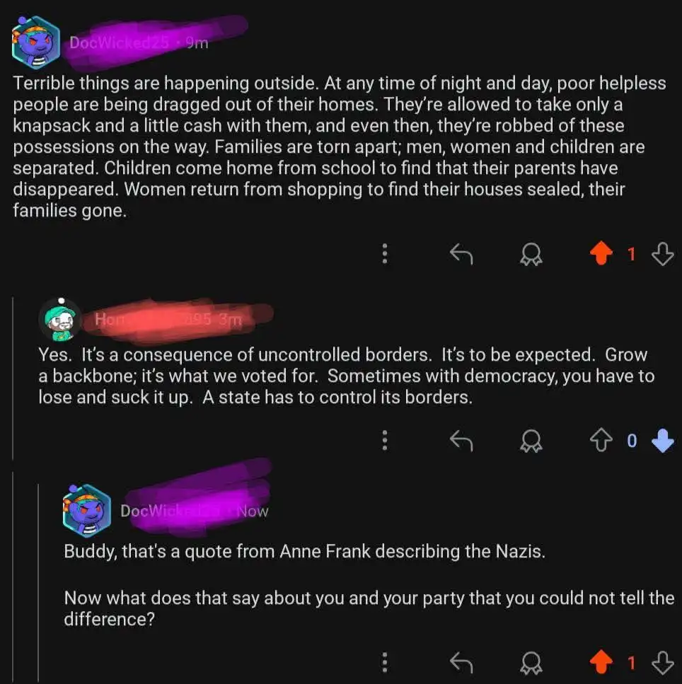 A screenshot of a Reddit-style comment thread shows a user describing horrific events like families being torn apart and…