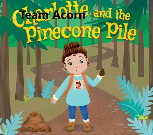 A cartoon illustration of a young child standing in a forest, holding a pinecone, with a large pile of pinecones nearby. The…