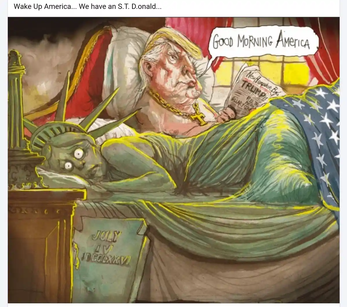A cartoon depicts a caricature of Donald Trump, with blonde hair and a gold chain, lying in bed under an American flag…