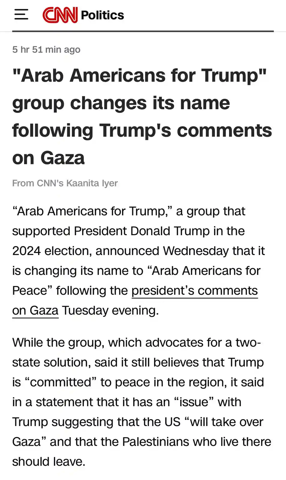 A screenshot of a CNN Politics article headline stating that the group 'Arab Americans for Trump' changed its name to 'Arab…