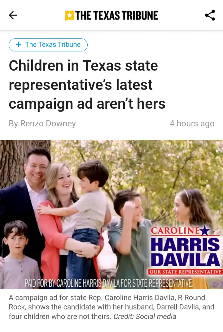 A screenshot of a Texas Tribune article about a campaign ad for state representative Caroline Harris Davila, which shows her…