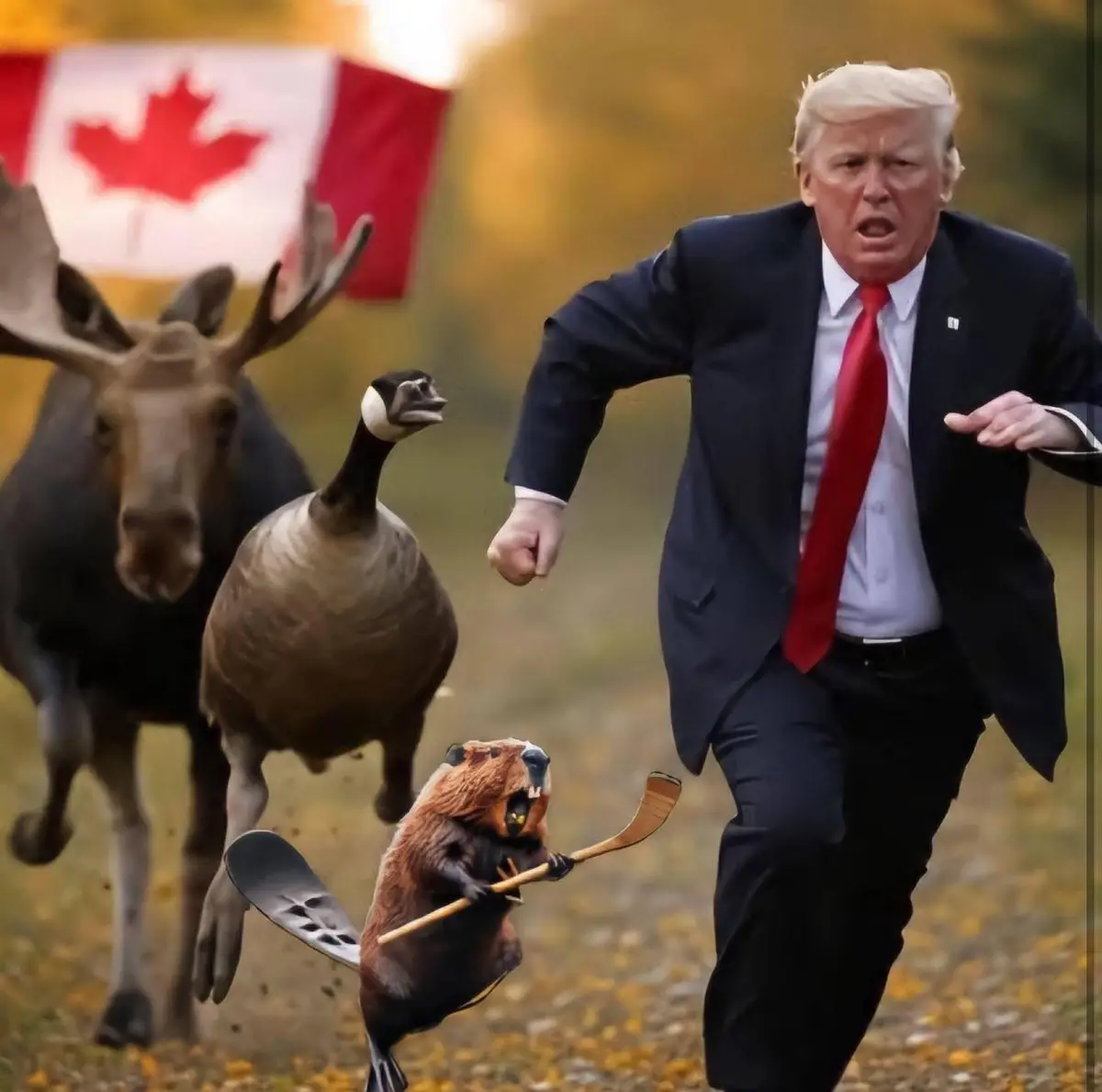 A digitally altered image shows Donald Trump running frantically in a field with autumn leaves, pursued by a moose, a goose…