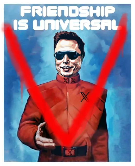 A stylized image of Elon Musk wearing sunglasses and a red uniform with an 'X' emblem, standing against a blue background. A…