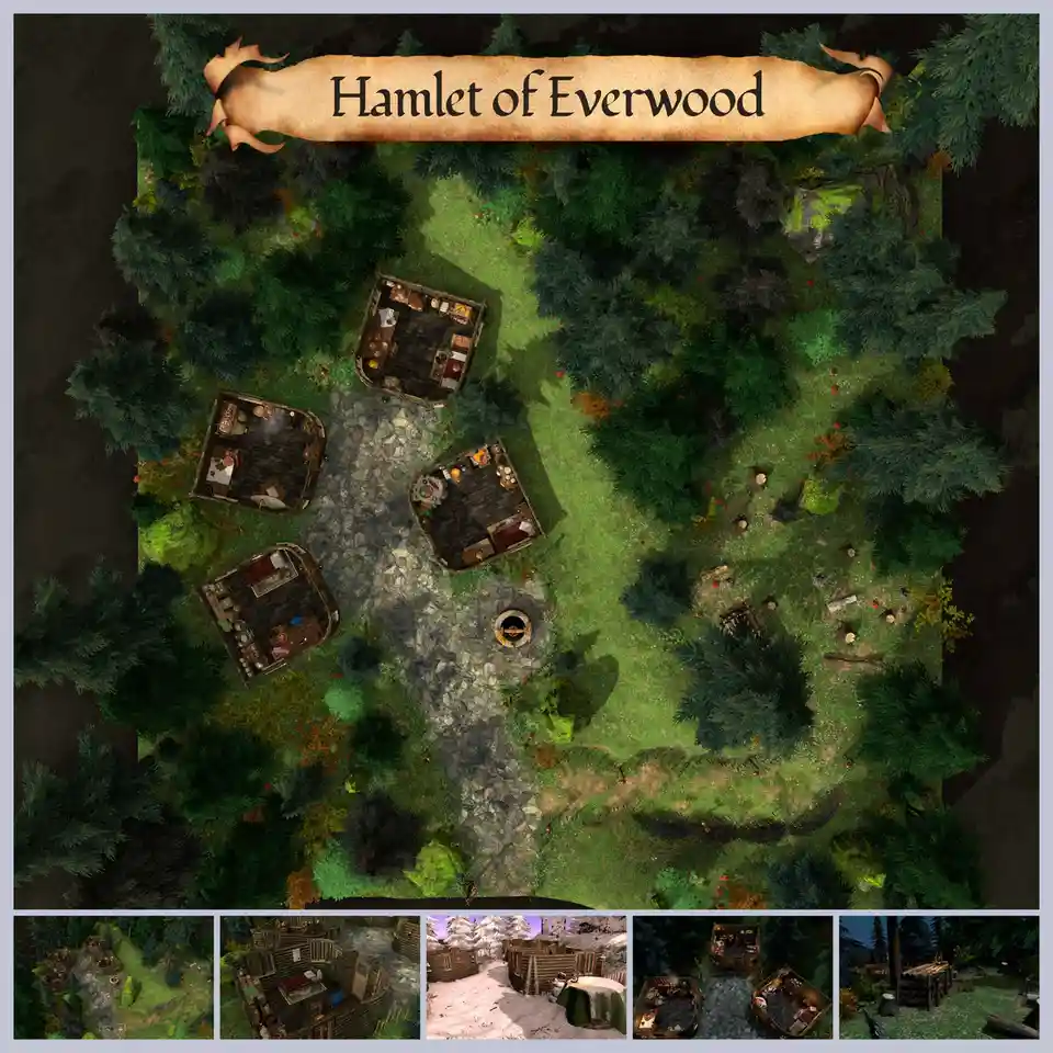 An overhead view of a fantasy village map titled 'Hamlet of Everwood', showing four wooden cabins arranged around a stone…