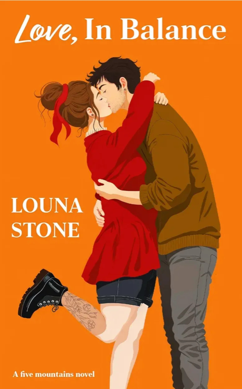 An illustrated book cover shows a couple kissing passionately against an orange background. The woman in a red dress and…