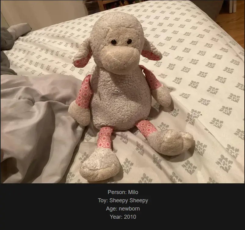 A plush sheep toy with a fluffy white body and pink patterned limbs sits upright on a patterned bedspread. The image…