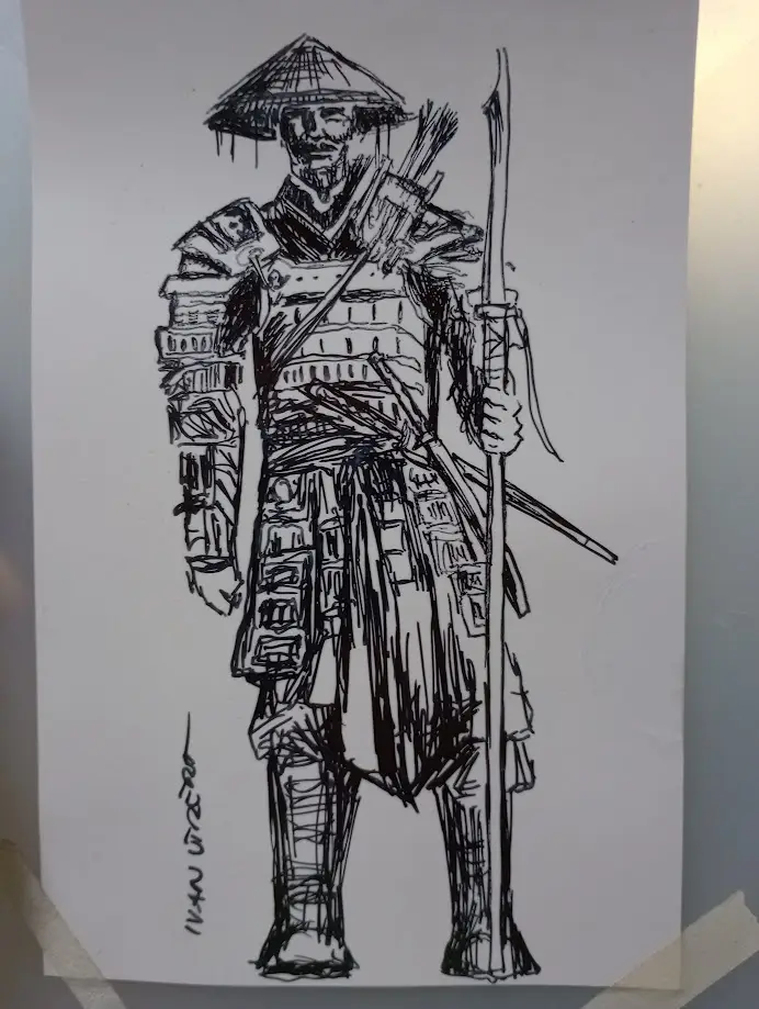 A black-and-white sketch of a samurai warrior in full armor, holding a spear and wearing a conical hat, with the overlaid…