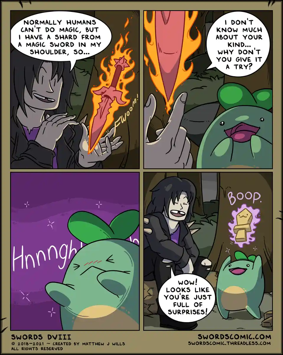 A four-panel comic strip shows a human character with a magical sword shard in their shoulder, attempting to cast magic. A…