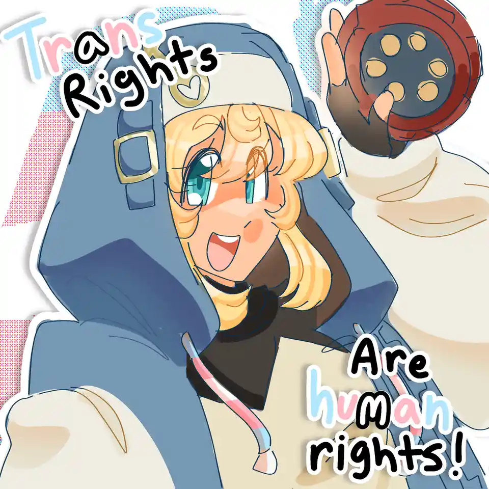 An anime-style illustration shows a blonde-haired character in a blue uniform with a heart emblem, smiling cheerfully while…
