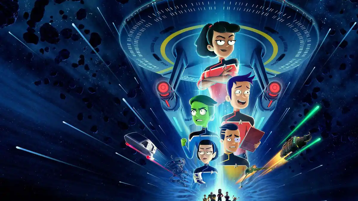 An animated promotional poster for 'Star Trek: Lower Decks' shows five main characters in Starfleet uniforms standing in…