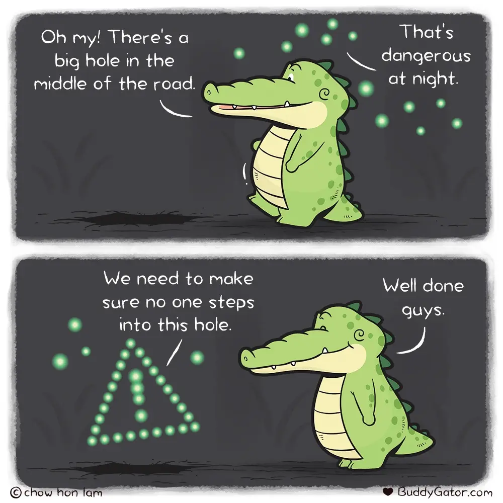 A two-panel comic featuring a green cartoon alligator. In the top panel, the alligator notices a hole in the road at night…