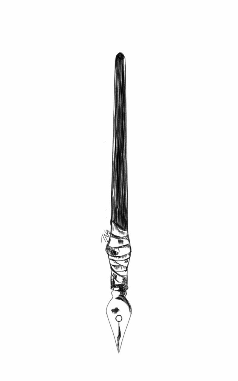 A black-and-white sketch of a fountain pen with its barrel wrapped in bandages, resembling a mummy. The text overlaid on the…