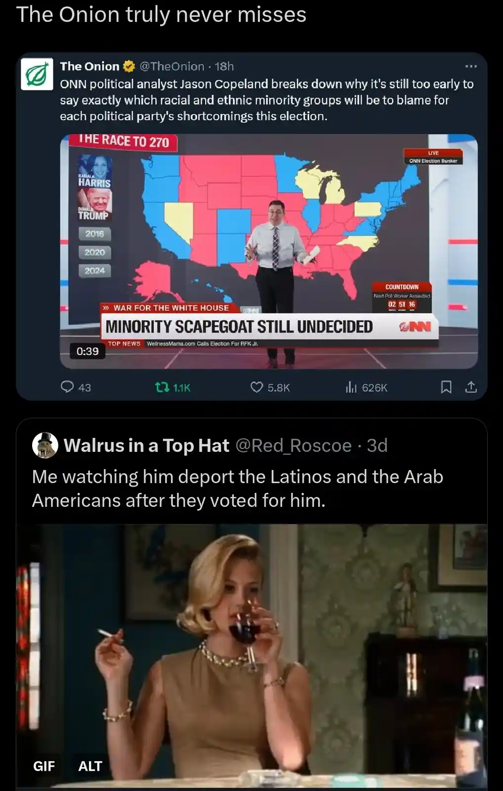 The top panel shows a screenshot of a fake 'ONN' news broadcast featuring a political analyst in front of a map of the U.S…