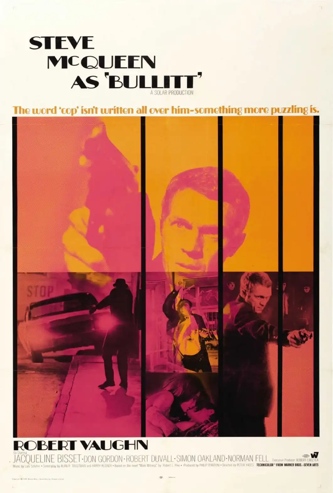 This is a vintage movie poster for the 1968 film 'Bullitt,' starring Steve McQueen. The poster features a stylized…