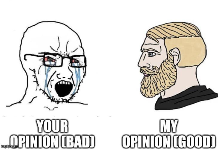 The image displays two side-by-side cartoon drawings: on the left, a bald man with glasses crying dramatically, labeled…