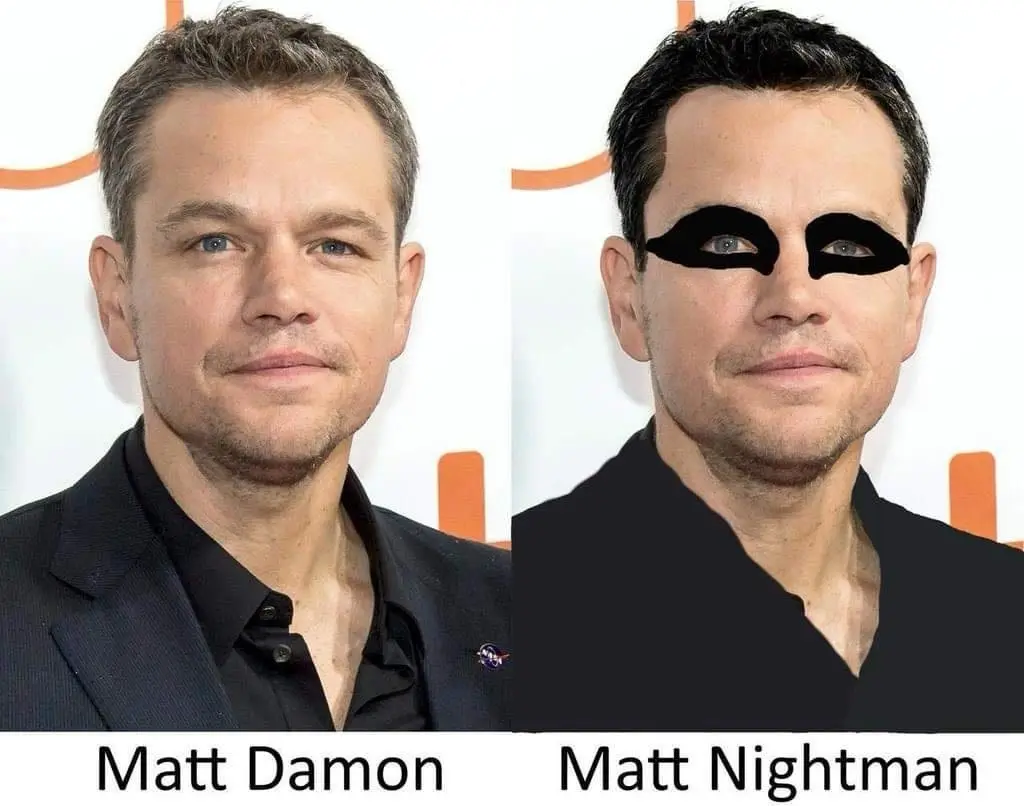 The image displays two side-by-side photos of actor Matt Damon. The left photo shows him normally. The right photo shows the…