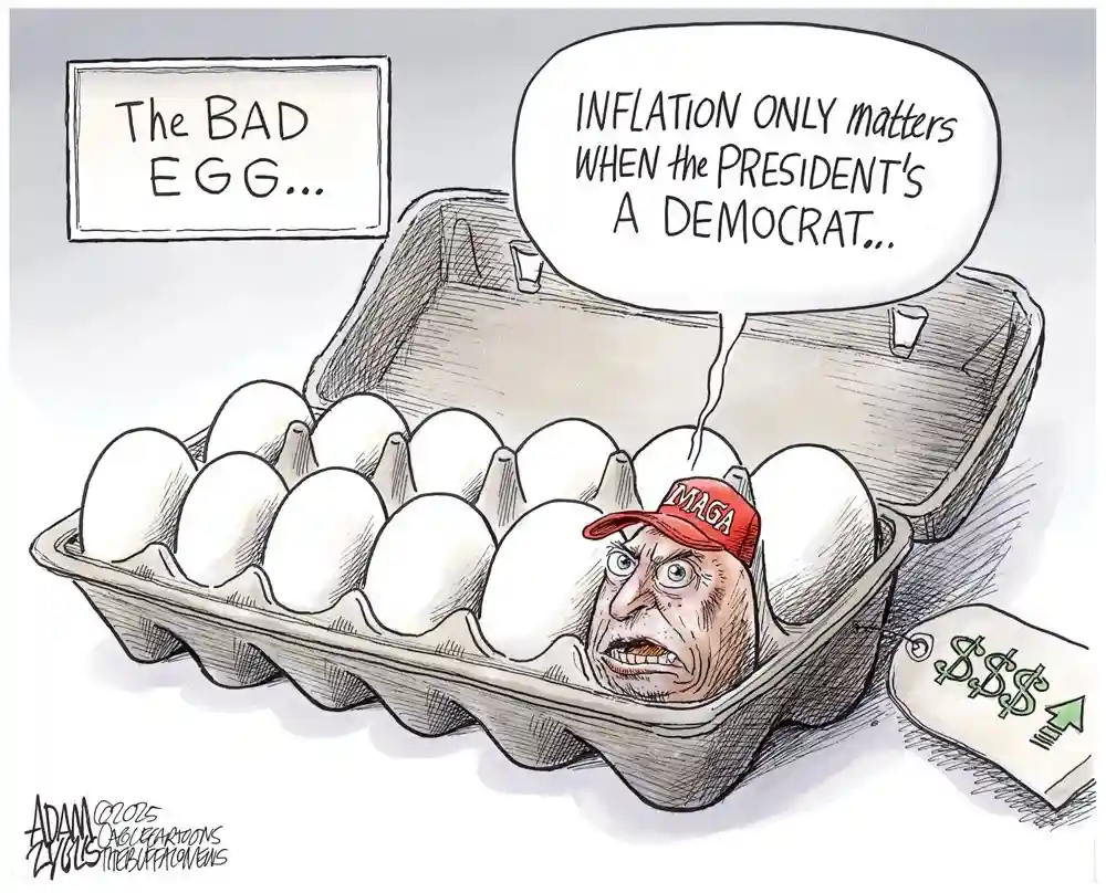 A cartoon shows a caricature of Donald Trump wearing a red MAGA hat, emerging from a carton of eggs with a price tag showing…