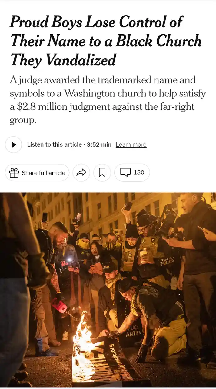 An article headline reads 'Proud Boys Lose Control of Their Name to a Black Church They Vandalized' above a photo of a group…