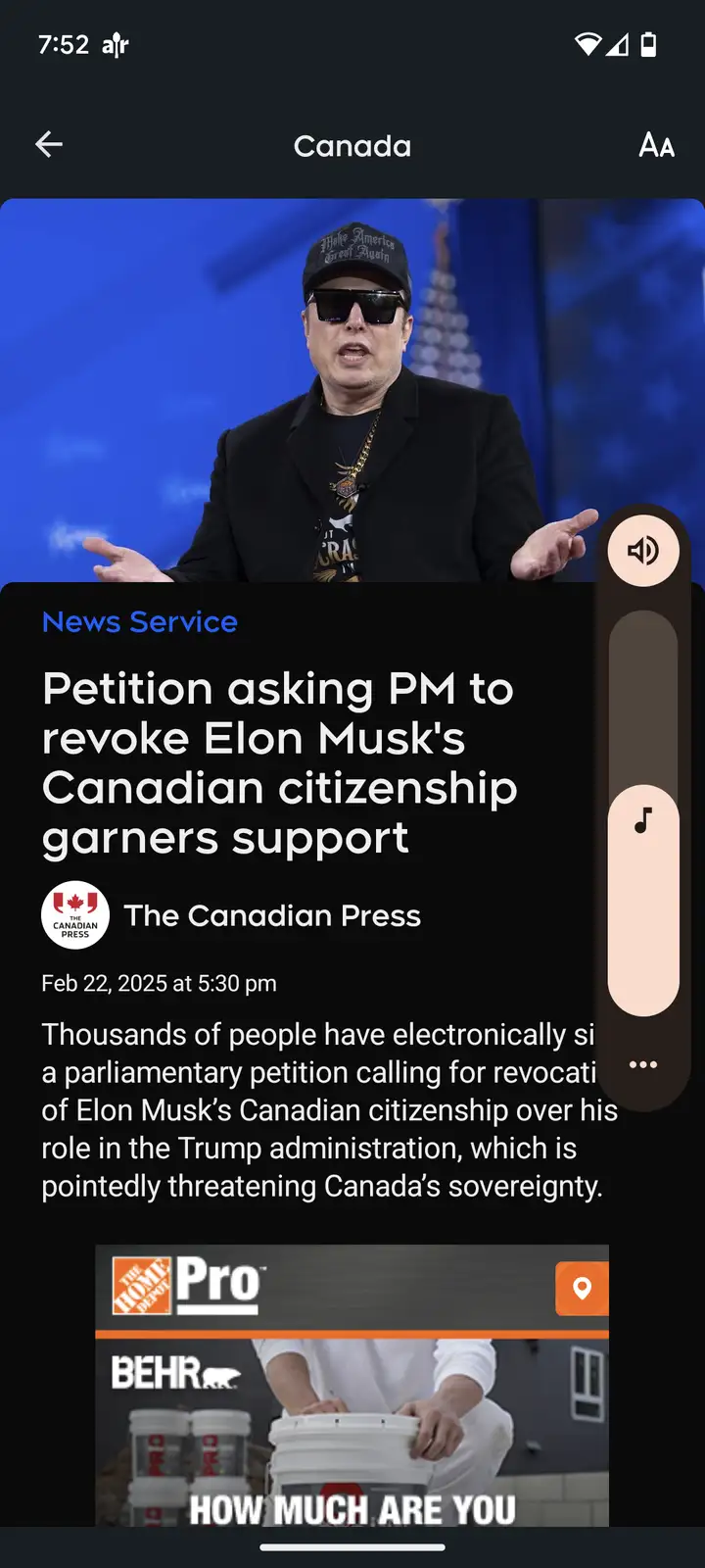 A screenshot of a news article from The Canadian Press dated Feb 22, 2025, about a petition to revoke Elon Musk's…