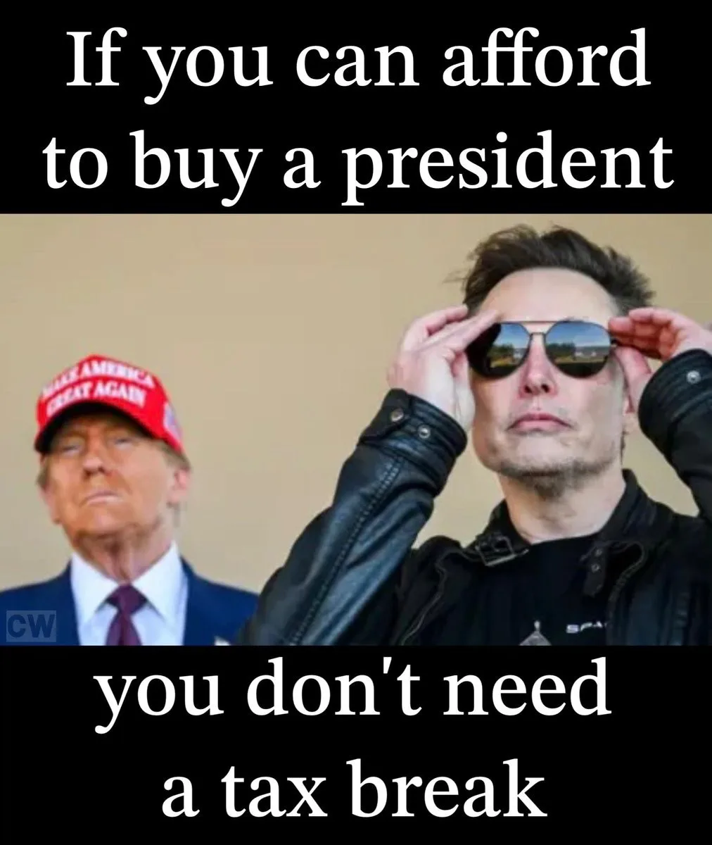 The image shows two men: on the left, Donald Trump wearing a red 'Make America Great Again' cap, and on the right, Elon Musk…