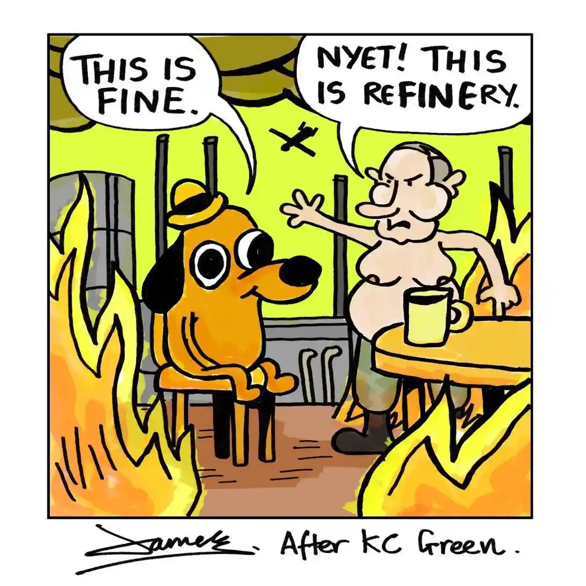 A cartoon dog wearing a hat sits calmly in a room engulfed in flames, saying 'THIS IS FINE.' across a speech bubble. Across…