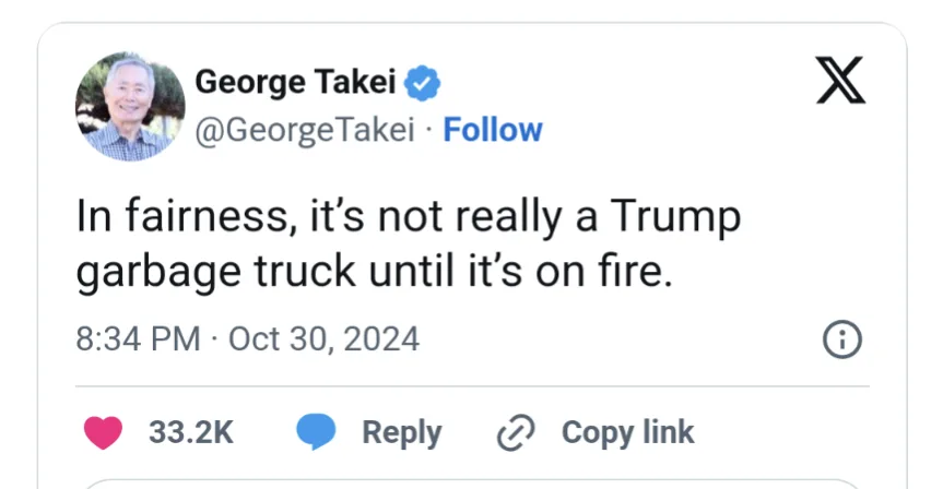 A screenshot of a tweet from verified user George Takei, showing his profile picture, handle, and the tweet text: 'In…